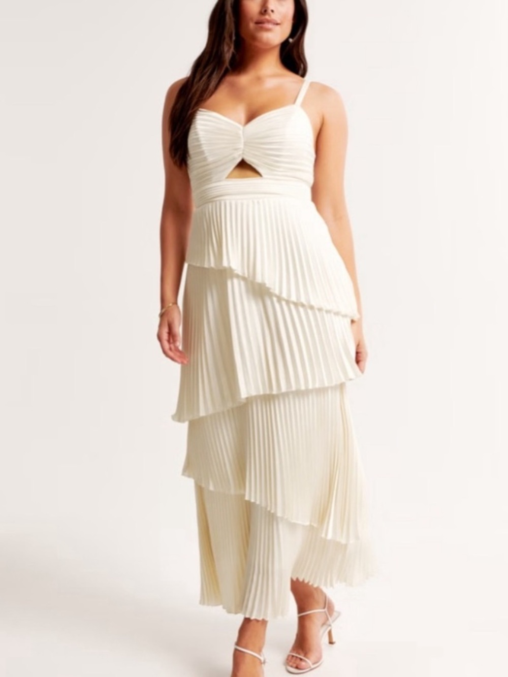 Abercrombie & Fitch (A&F) Giselle Pleated Tiered Maxi Dress Cream Ruffle Keyhole